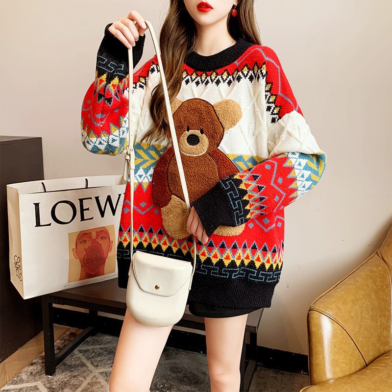 Patch Bear Sweater Cartoon Loose-fitting Outer Knit Top