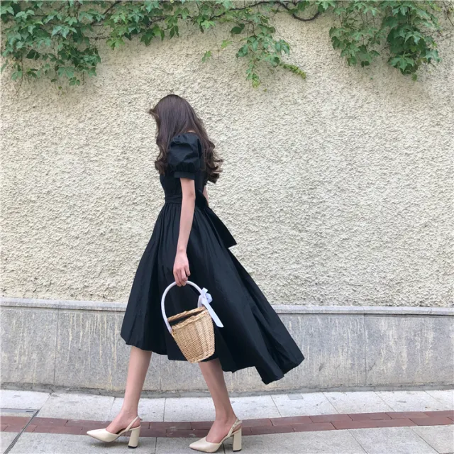 Spring New Summer Skirt Retro Palace Style Bubble Sleeves Short Black - Shop at LoveMi