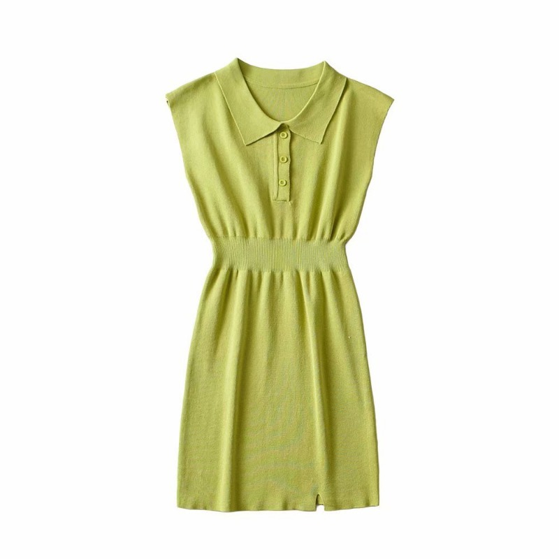 Knit Wrap Hip Dress With Split Collar And Hem