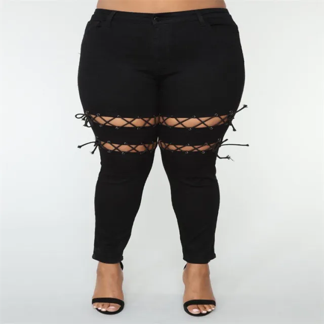 Women's Plus Size Fashion Eyelet Strap Jeans Black - Shop at LoveMi