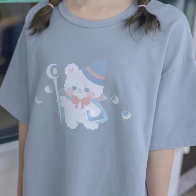 Cute T Shirt Girl Cartoon Print Loose Short Sleeved Student Coat Blue - Shop at LoveMi