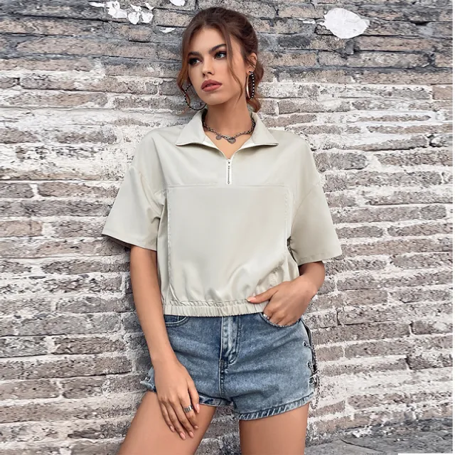 Summer New Short sleeved Jacket Lapel Pullover Loose Net Red Short Women's Top Apricot - Shop at LoveMi