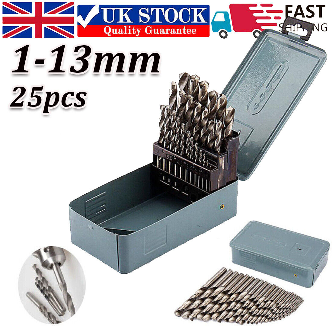 25 Piece HSS Metal Drill Bit Set 1mm-13mm Quality High Speed Metric Tool Kit NEW UK