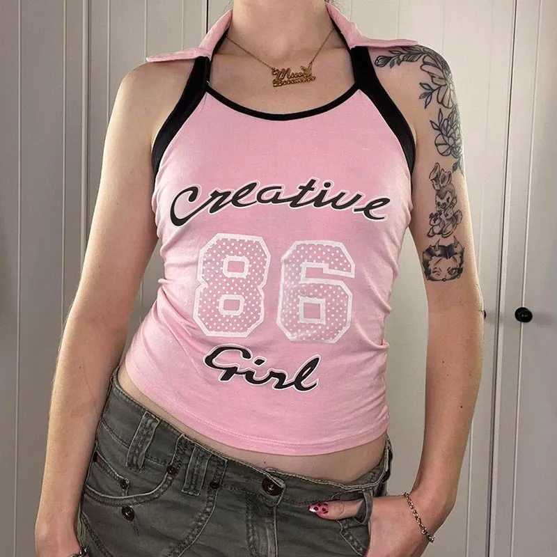 Sweet And Spicy Wind Pink Letter Print Collision Color Package Edge Digging Shoulder Neck Lapel Halter Sleeveless Beauty Back Tops - Pink
