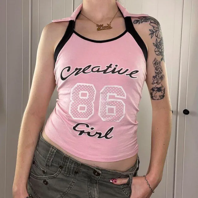 Sweet And Spicy Wind Pink Letter Print Collision Color Package Edge Digging Shoulder Neck Lapel Halter Sleeveless Beauty Back Tops Pink - Shop at LoveMi
