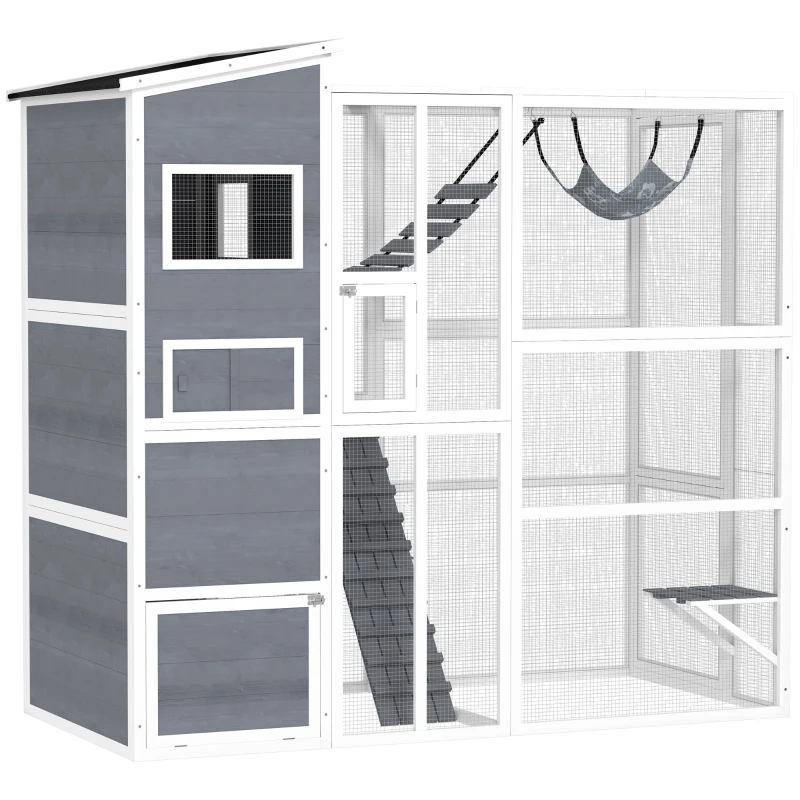 Large Wooden Catio Outdoor, Cat Enclosure W 4 Tier Resting Rooms, 3 Platforms, 1 Soft Ladder, 2 Ramps, 1 Hammock, Gray