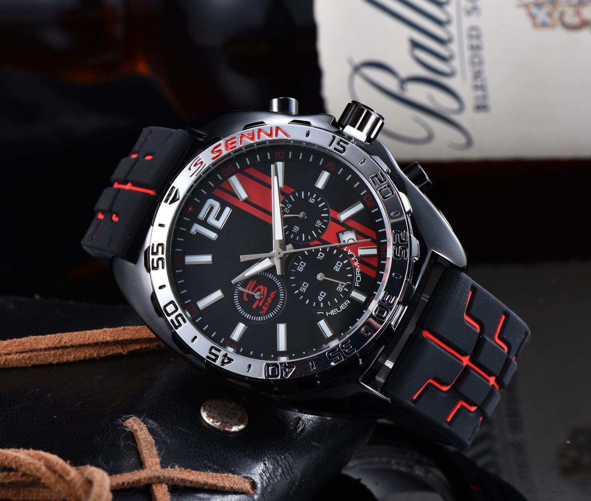 New Men's Quartz Rubber Red Taijia 6-Hand Running Seconds Functional Watch