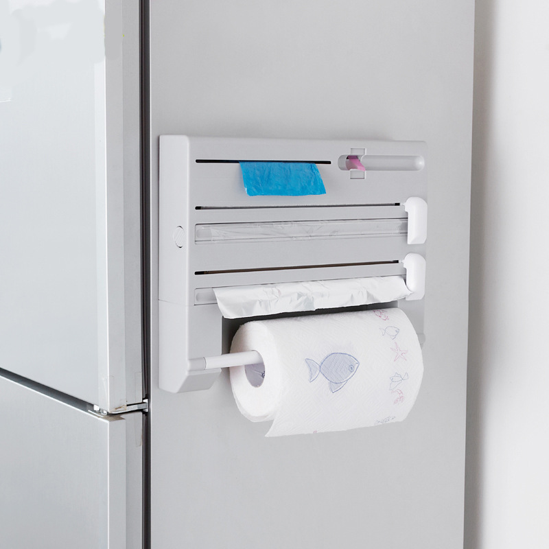 Six-in-one Multifunctional Kitchen Storage Rack Tin Foil Cling Film Cutter Paper Towel Garbage Bag