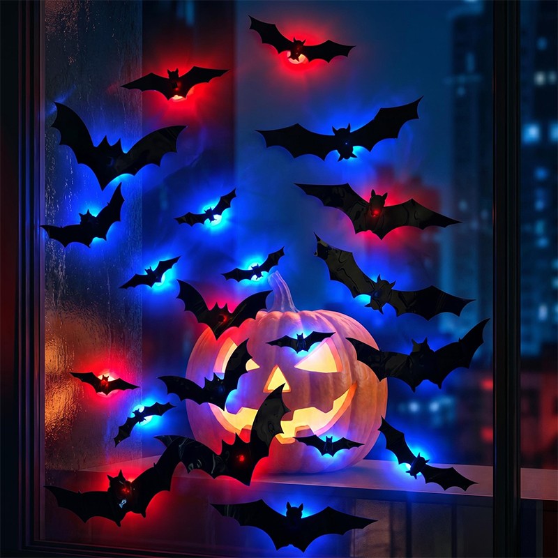 12-36pcs Bats Wall Decor Halloween Decorations 3D Realistic Bat With LED Lights — image 4