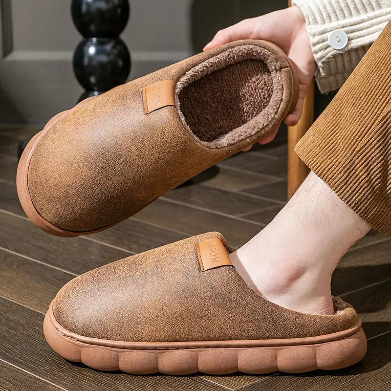 Men's Home Slippers Winter Warm Fleece Shoes Indoor Bedroom
