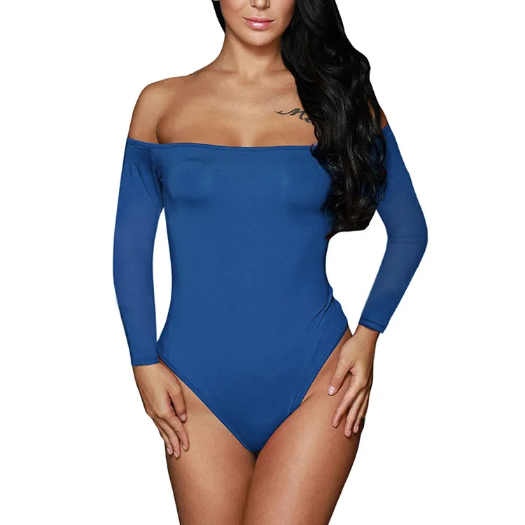 Ladies Long Sleeve Bodysuit Fashion One Piece OnePiece Neck Jumpsuit - Blue
