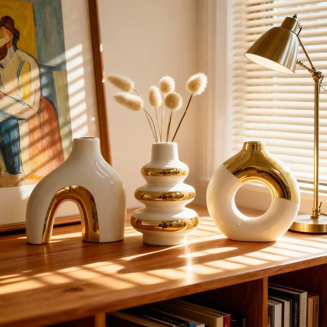 3pcs Nordic Creative Luxury Modern Simple Electroplated Ceramic Flower Vase, Home Decor Ornament Gift For Water Cultivation