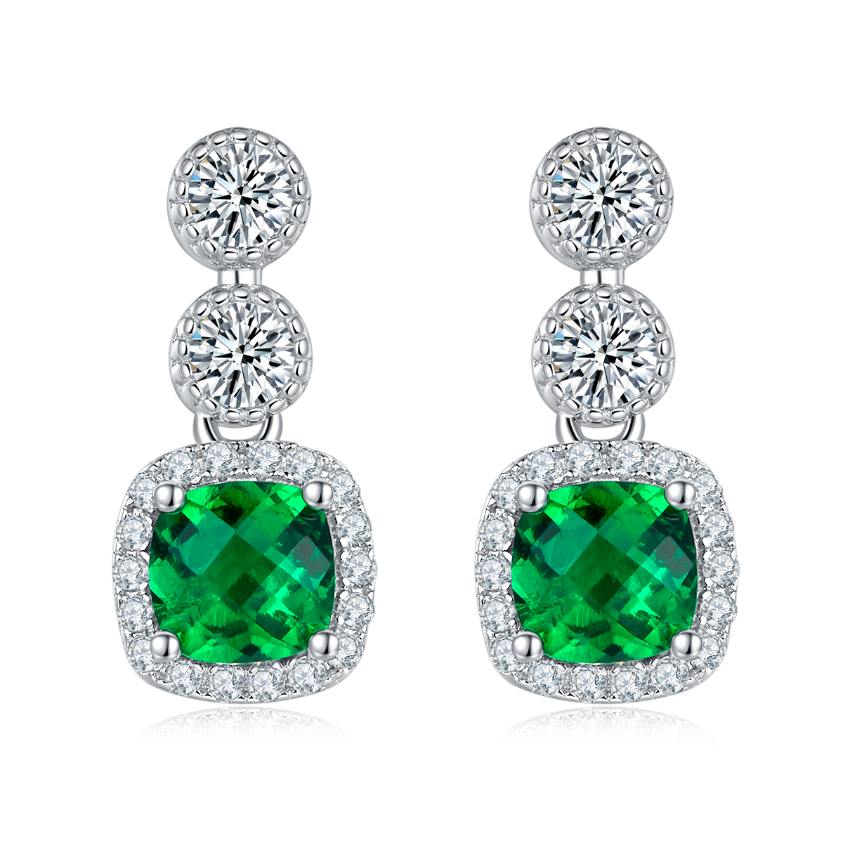 S925 Silver 2.2g Platinum Plated 0.98ct Lab-Created Emerald Drop Earrings, 5mm Halo Studs, Pair