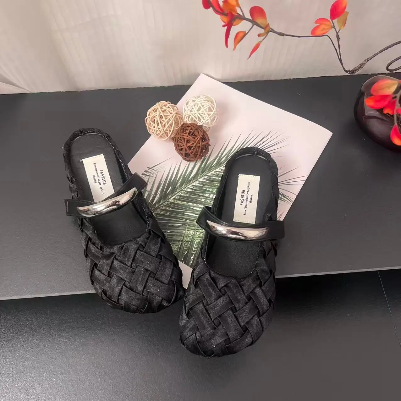 Women Minimalist Luxury Hand-Woven Satin Slide Mules Matching Daily