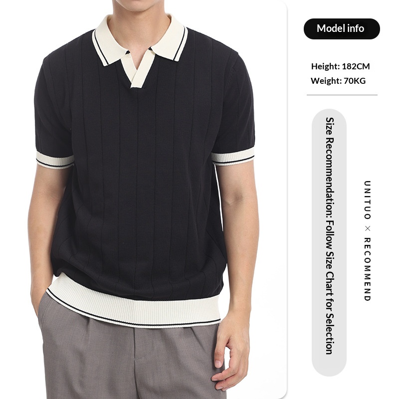 Men's Casual V-Neck Color-block Quick-Dry Paul T-Shirt, Seagull Collar Ice Silk Knit Polo Shirt