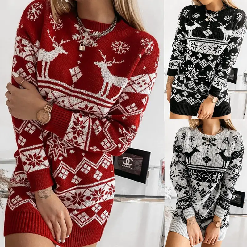 Elk Snowflake Christmas Jacquard Knitted Dress Long Sweaters