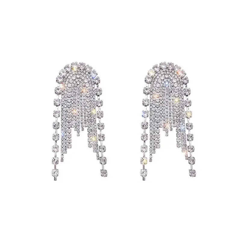 Sterling Silver Needle Personality Diamond Stud Long Tassel Exaggerated Large Earrings