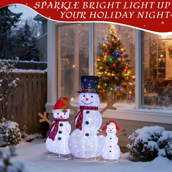 Set Of 3 Lighted Snowman Family Christmas Yard Decorations, 4FT 3FT 2FT Pre-lit Pull Up Snowman With 270 White LEDs, For Xmas Outdoor Holiday Indoor Decor Lighted Holiday Displays image 5