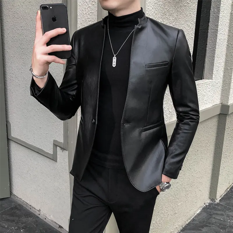 Slim Trend Fashion Brand Simple Leather Jacket Men