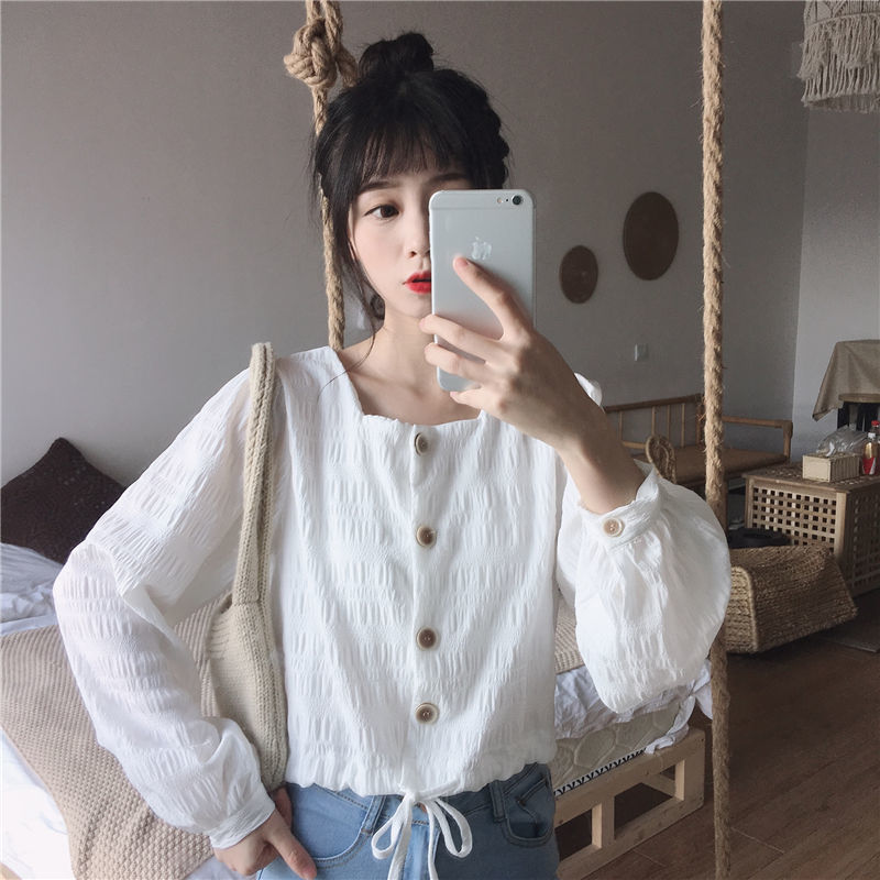 French Puff Sleeve Shirt Women's Square Collar Long Sleeve Shirt