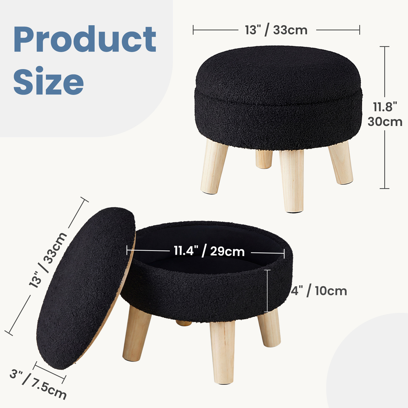 Round Storage Chair, Equipped With A Soft Cushioned Seat, Wooden-legged Footstool