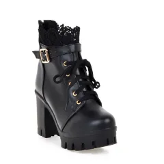 Lace Ankle Boots Lace-up Square Heeled Shoes Women White Black Boots - Black - View 1