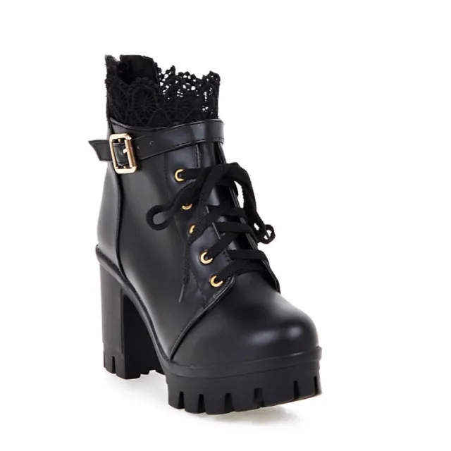 Lace Ankle Boots Lace up Square Heeled Shoes Women White Black Boots Black - Shop at LoveMi