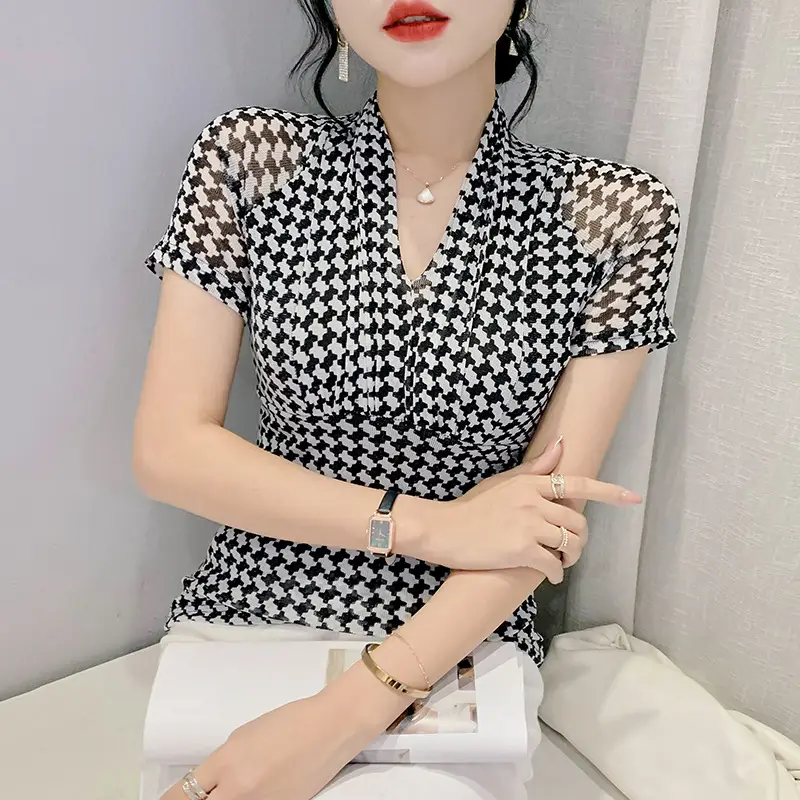 Houndstooth Bright Silk V-neck Short-sleeved T-shirt For Women