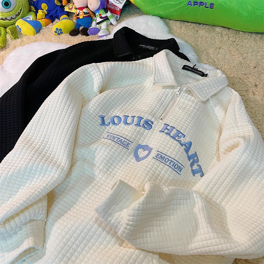 Waffle Collar Loose Zipper Pocket Sweatshirt