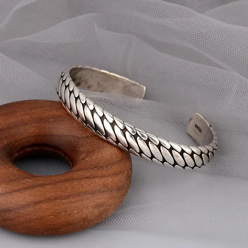 1pcs 925 Sterling Silver Snake Scale Textured Open Cuff Bangle, Retro Unisex Style, For Daily Wear & Street Outings