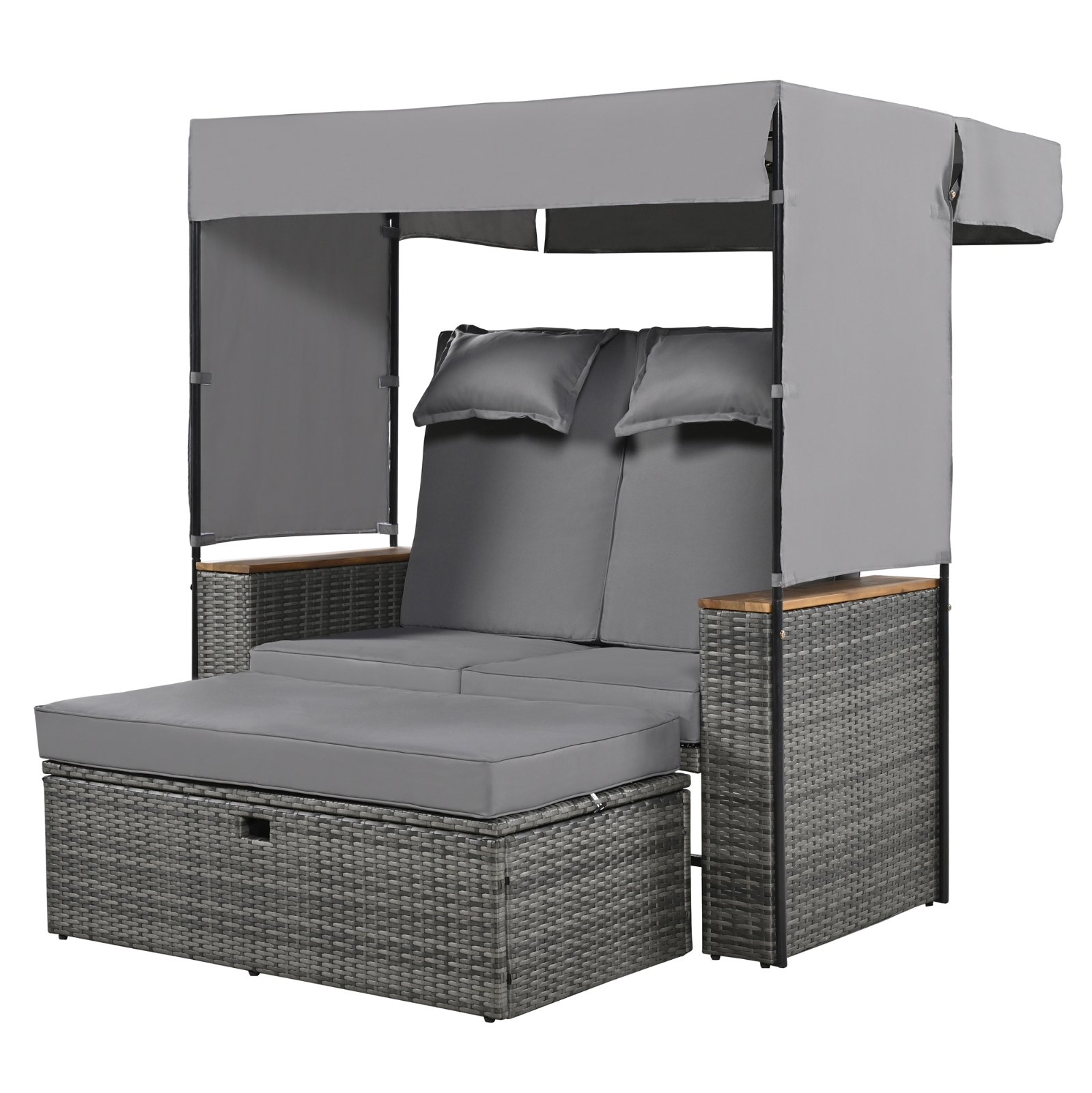 TREXM 2-Piece Rattan Outdoor Patio Bench Lounge Roof Set, Effective UV Protection Fabric & Waterproo