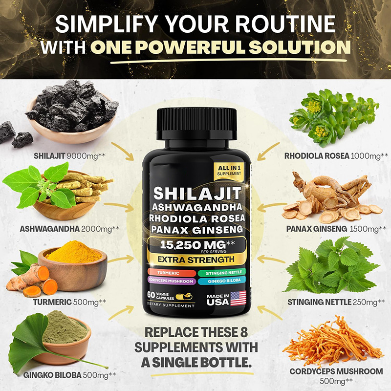 Bottle of Shilajit Pure Himalayan 9000MG, Energy Booster Ashwagandha 2000MG, Rhodiola Rosea 999MG, Panax Ginseng 1500MG, Turmeric 500MG, Ginkgo Biloba 500MG, Stinging Nettle 250MG Cordyceps Mushroom 500