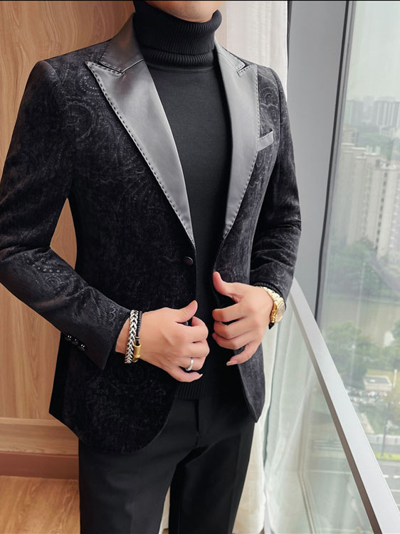 Jacquard Velvet Leather Lapel Men's Blazer