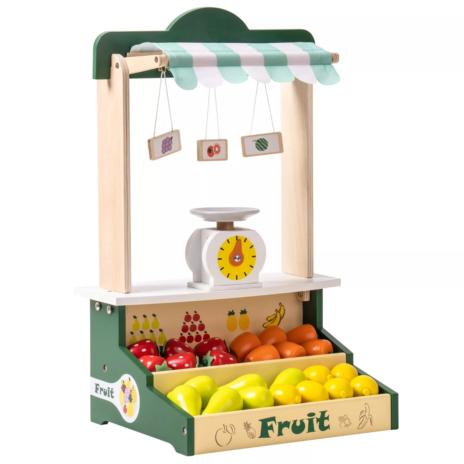 Wooden Farmers Market Stall Toy for Kids. Product Description: ROBOTIME Wooden Farmers Market Stand Fruit Stall, Toy Grocery Store Set for Kids, Role Play Food Toy Set for Boys Girls 3+ Characteristics: Product Name: Pretend Toys Brand: ROBOTIME Theme: Ki