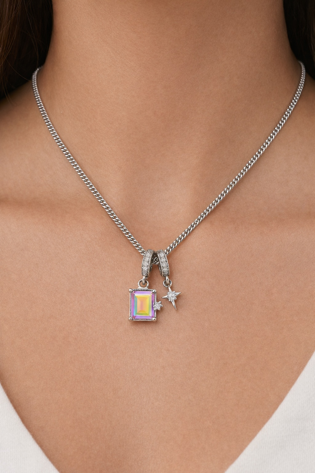 Stainless Steel Silver Baguette Charm Necklace For Women