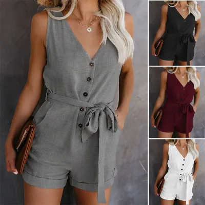 Women's V-Neck Jumpsuit Summer Casual Lightweight One-Piece Pants Solid Color Outfit For Women