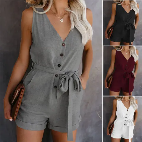 Women's V-Neck Jumpsuit Summer Casual Lightweight One-Piece Pants Solid