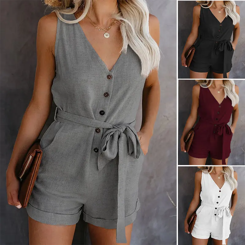 Women's V-Neck Jumpsuit Summer Casual Lightweight One-Piece Pants Solid