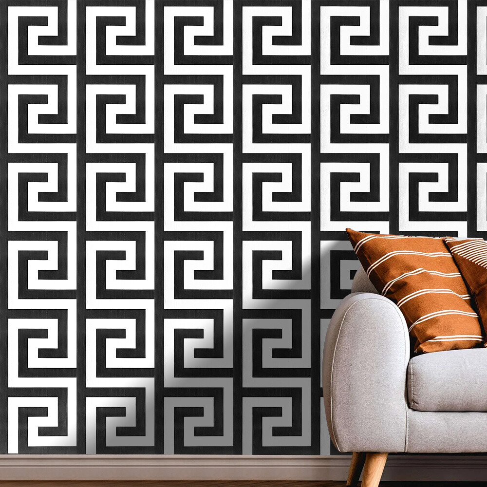 Debona Athena Greek Key Metallic Glitter Wallpaper All Colours-White Black — image 2
