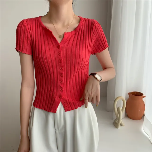 Summer New Style High Waist Cropped Short Slim Top Short Sleeve Knitted Cardigan Rose Red - Shop at LoveMi