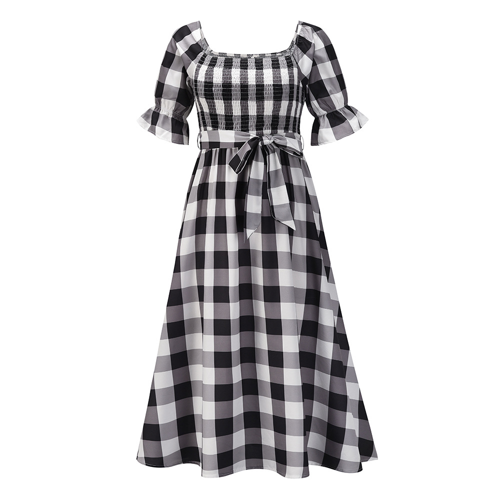 Slim One-neck Off-the-shoulder Plaid Print Beach Dress