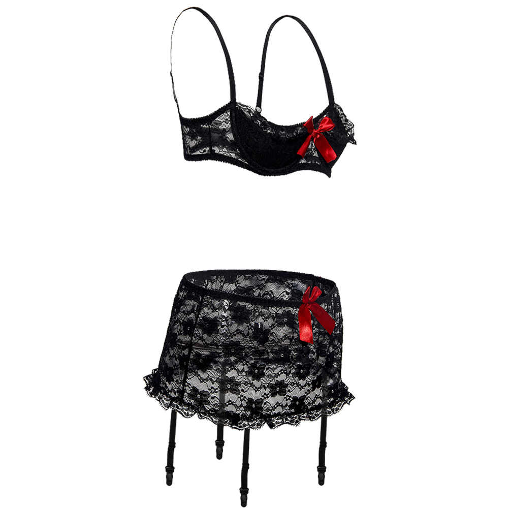طقم ملابس داخلية بنصف كوب من الدانتيل مع فيونكة، مقاس كبير، تصميم أوروبي وأمريكي