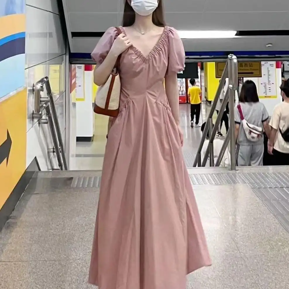 French Hipster Style V-neck Puff Sleeve Pleated Dress