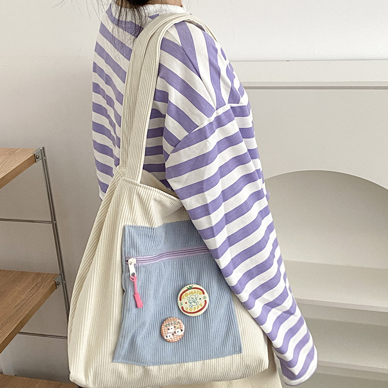 Corduroy Contrast Color Large Capacity Casual Shoulder Bag