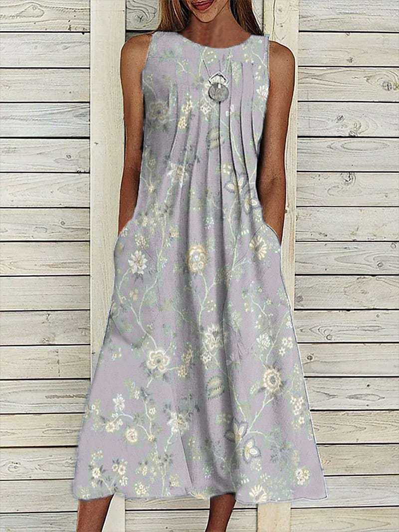 Casual Floral Round Neck Long Pocket Dress Purple - Shop at LoveMi