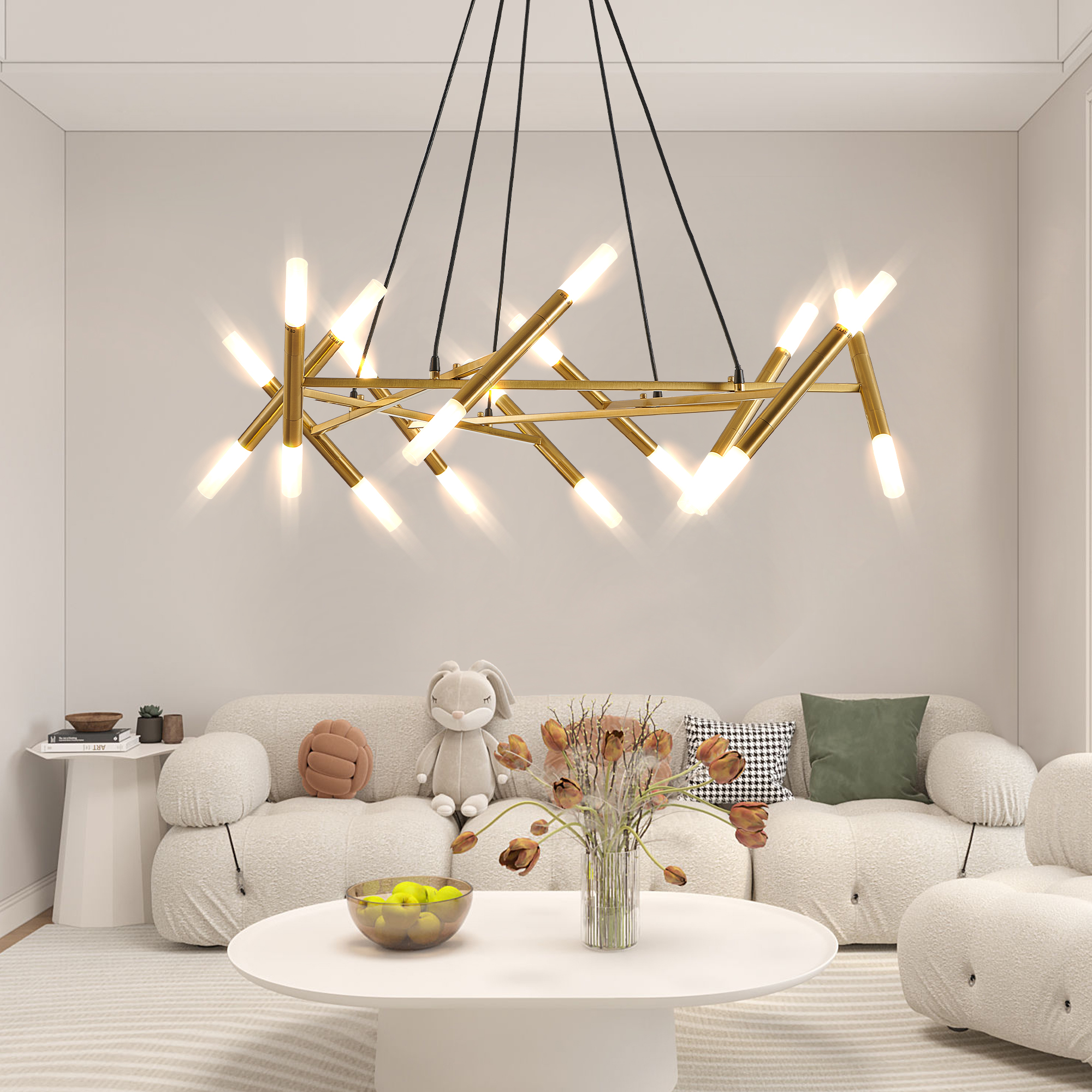 41 Golden Modern Chandelier Light Fixture, Branch Design With Frosted Tubes, Black Cords, Adjustable Height Pendant Light For Dining Room, Living Room, Or Kitchen Island Bulb Not Included