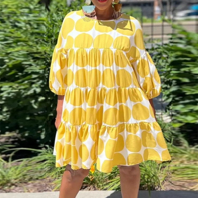 Polka Dot Loose Crew Neck Mid Sleeve Pleated Dress Yellow - Shop at LoveMi