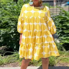 Polka Dot Loose Crew Neck Mid Sleeve Pleated Dress - Yellow - View 1