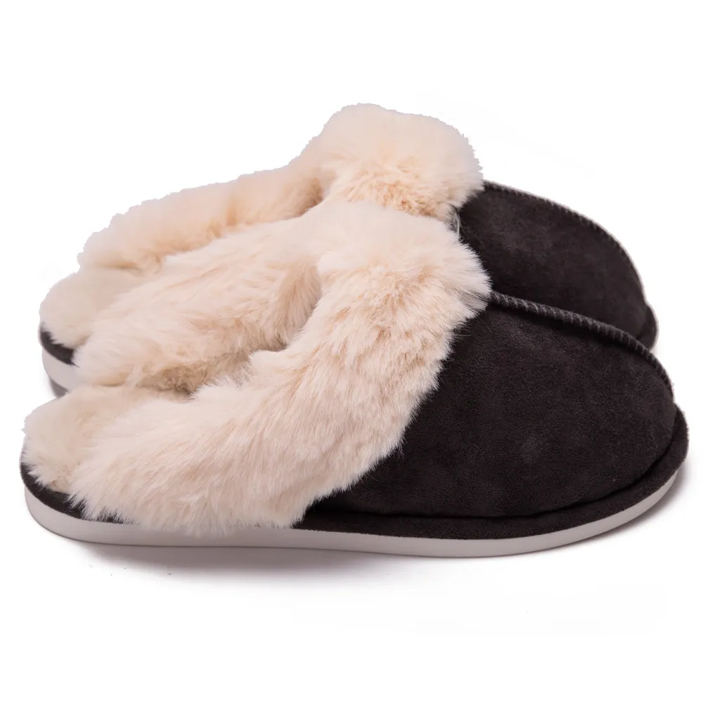 Fur Furry Slippers Women Winter Warm Plush House Shoes - Grey