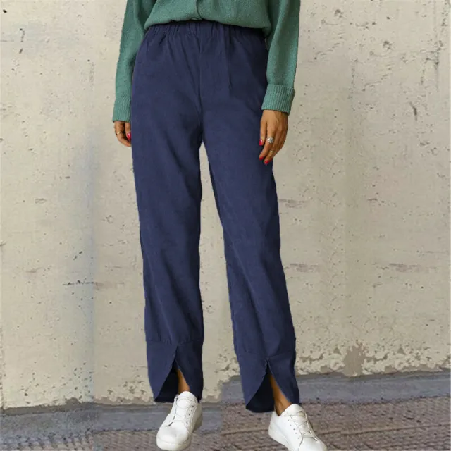 Women's Thick Corduroy Elastic Waist Straight Trousers Navy Blue - Shop at LoveMi